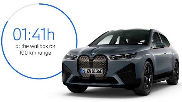 BMW iX M60 i20 2022 SUV électrique BMW Individual Storm Bay metallic vue de trois quarts face avec graphique de temps de recharge
