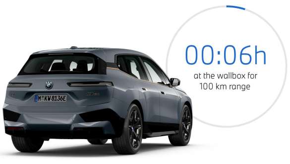 BMW iX M60 i20 2022 SUV électrique Oxidgrau metallic, vue de trois quarts avant avec graphique des temps de recharge