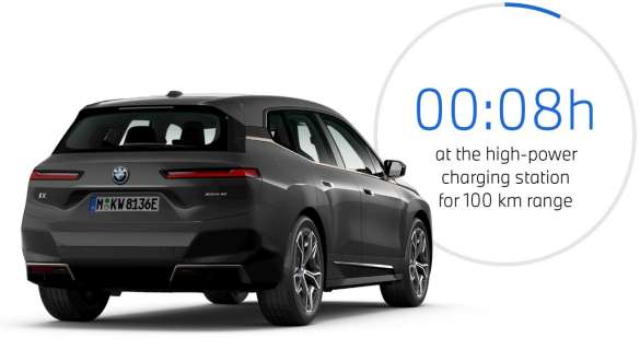 BMW iX i20 2021, SUV électrique BMW iX xDrive50 couleur Aventurinrot – vue de trois quarts arrière avec représentation graphique de la durée de charge