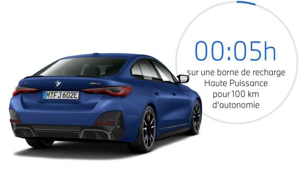 BMW i4 M50 eDrive40 G26 2021 BMW Individual Frozen Portimao Blau métallisé – vue de trois quarts arrière avec représentation graphique de la durée de charge