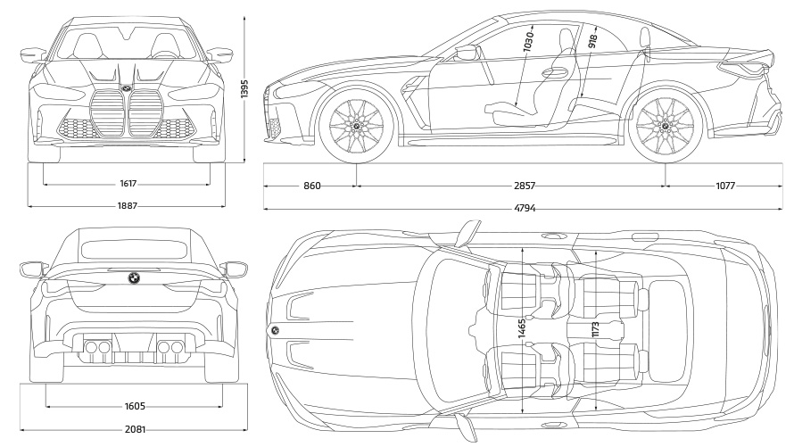 BMW M4 Competition Cabrio avec M xDrive G83 2021, Dessin vue de profil BMW M4 Competition Cabrio avec M xDrive G83 2021, Dessin Dimensions vue de profil