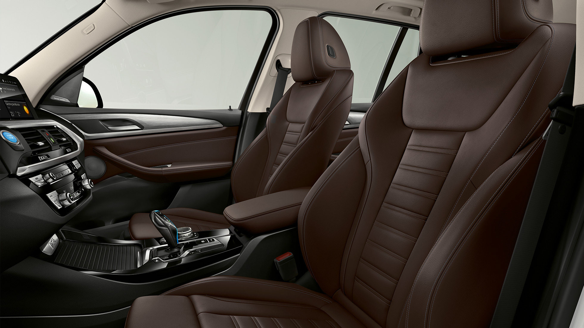 Sièges sport en cuir Vernasca Schwarz de la BMW iX3 G08 2020, modèle "Impressive" Sièges sport pour le conducteur et le passager avant en cuir Vernasca Schwarz de la BMW iX3 G08 2020, modèle "Impressive", habitacle