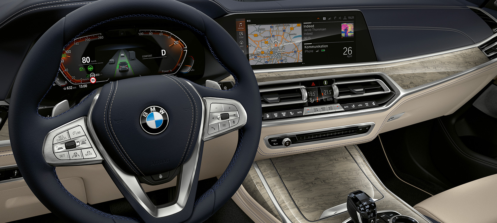 Fonctionnalités innovantes de la BMW X7 Poste de conduite de la BMW X7 centré sur le combiné des instruments et le panneau de commande du conducteur